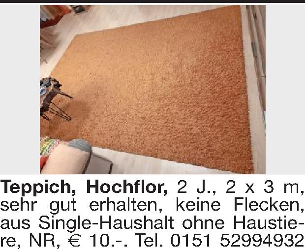 Biete - Teppich, Hochflor, 2 J., 2 x 3 m, sehr gut ...